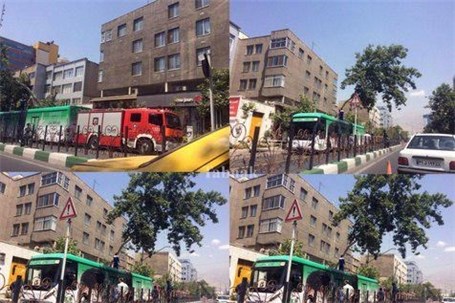 سقوط درخت بر روی اتوبوس بی آر تی در خیابان ولیعصر+ عکس