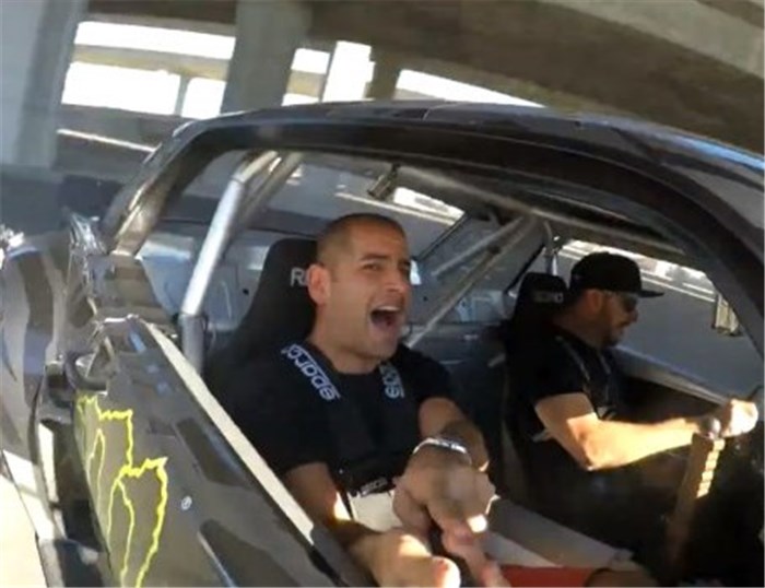Chris Harris rides with Ken Block in the Gymkhana Seven Hoonicorn